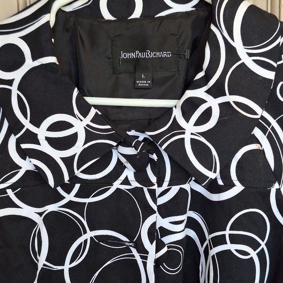 JohnPaul Richard Cropped FullCut Jacket SzL Blk/Wht Print Collar 3/4Sleeves NWOT - Picture 8 of 10